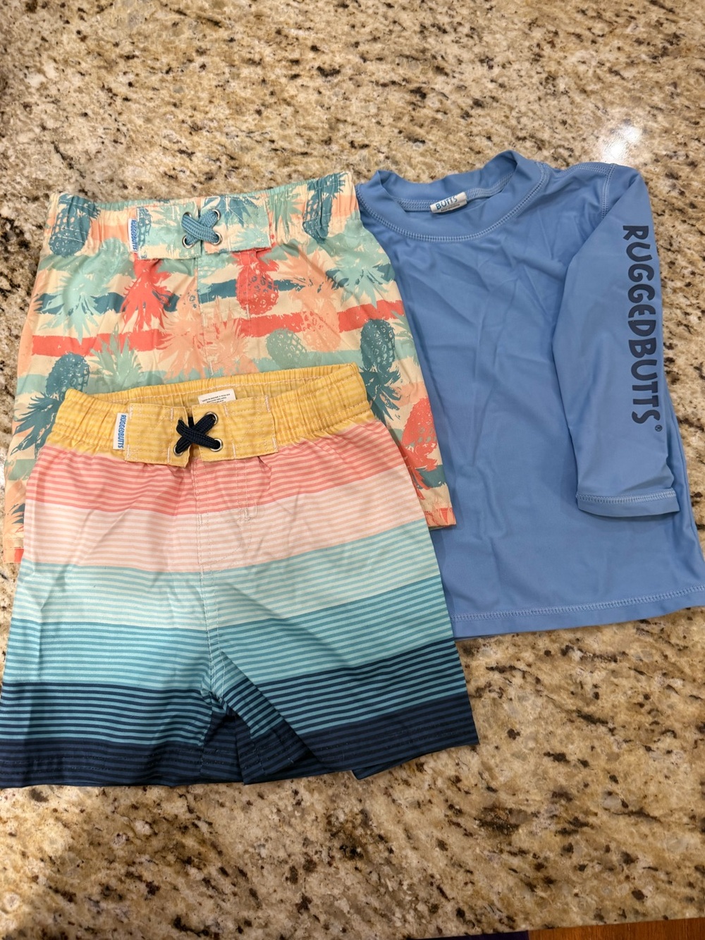 Rugged Butts Baby Boy 3 Pc Swim Set 2 Swim Trunks & 1 Rash Guard Shirt 18-24 M